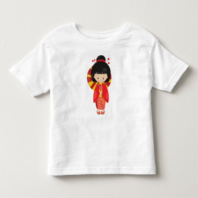 Camiseta Infantil Garota Japonesa, Japão, Garota Fofa, Quimono Verme (Frente)