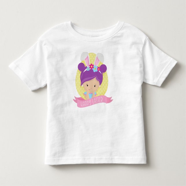 Camiseta Infantil Garota páscoa, Ovo De Páscoa, Cabelo Roxo, Ouvidos (Frente)