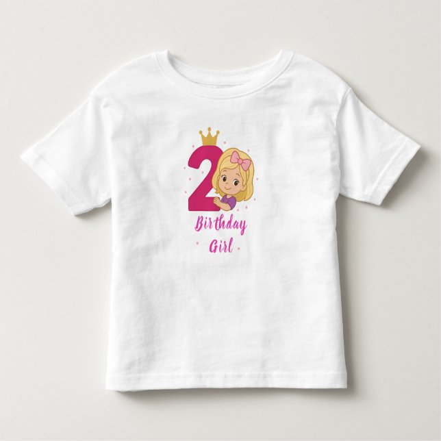 Camiseta Infantil Garota segundo aniversário com Coroa e Número Rosa (Frente)