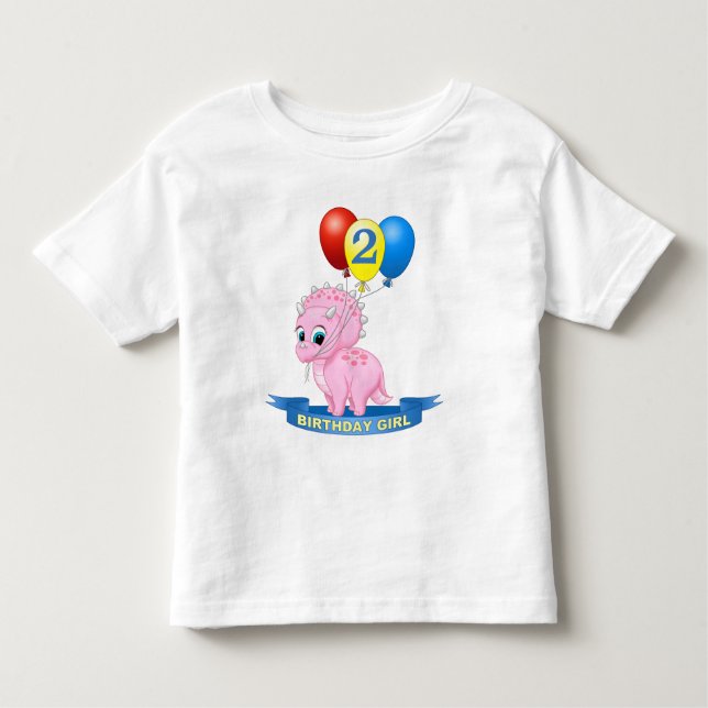 Camiseta Infantil Garota segundo aniversário Rosa Tricerátops Dino (Frente)