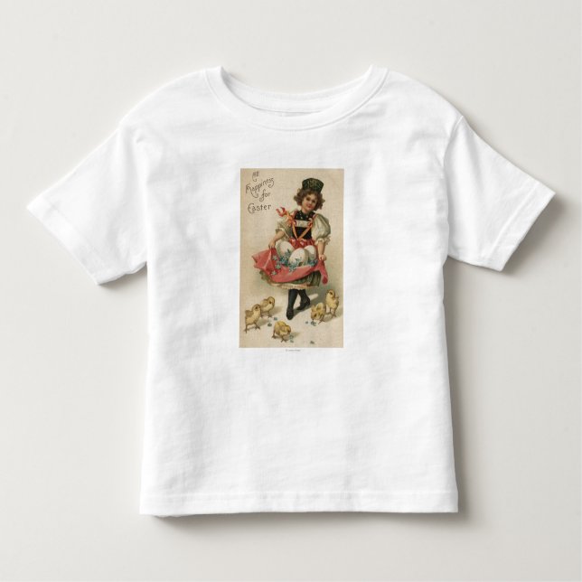 Camiseta Infantil Garota segurando ovos com Pintinhos (Frente)