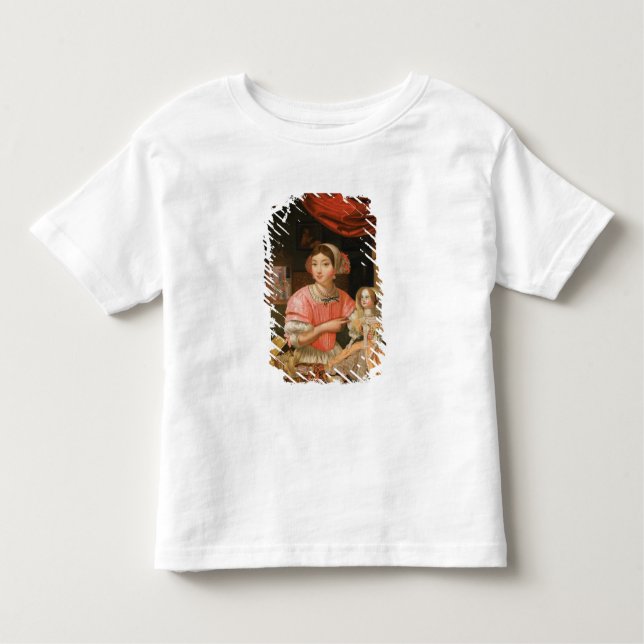 Camiseta Infantil Garota segurando uma boneca em um interior (Frente)