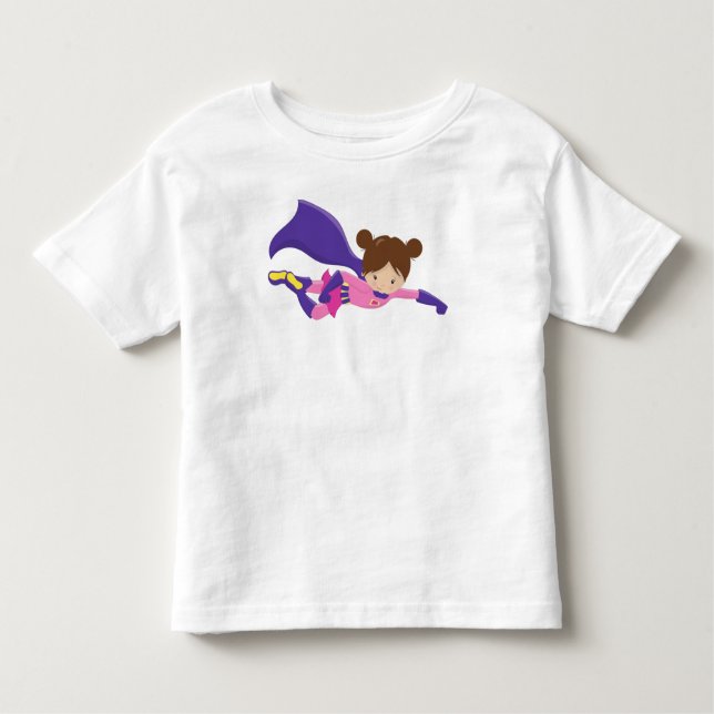 Camiseta Infantil Garota Super-Herói, Cabelo Castanho, Cape Purple,  (Frente)