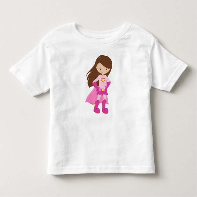 Camiseta Infantil Garota Super-Herói, Cabelo Castanho, Garota Bonita (Frente)