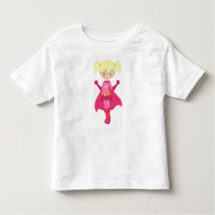 Camiseta Infantil Garota Super-Herói, Cabelo Loiro, Cabo Rosa, Garot