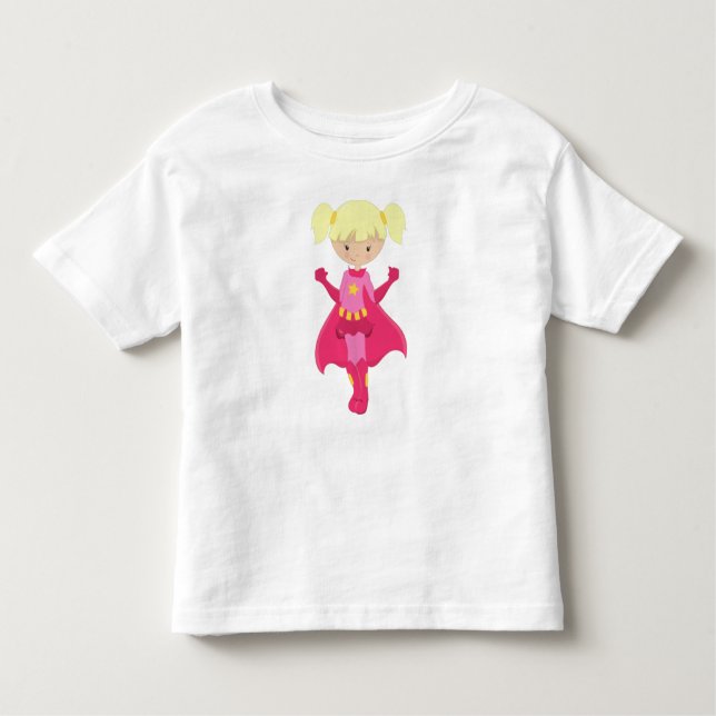 Camiseta Infantil Garota Super-Herói, Cabelo Loiro, Cabo Rosa, Garot (Frente)