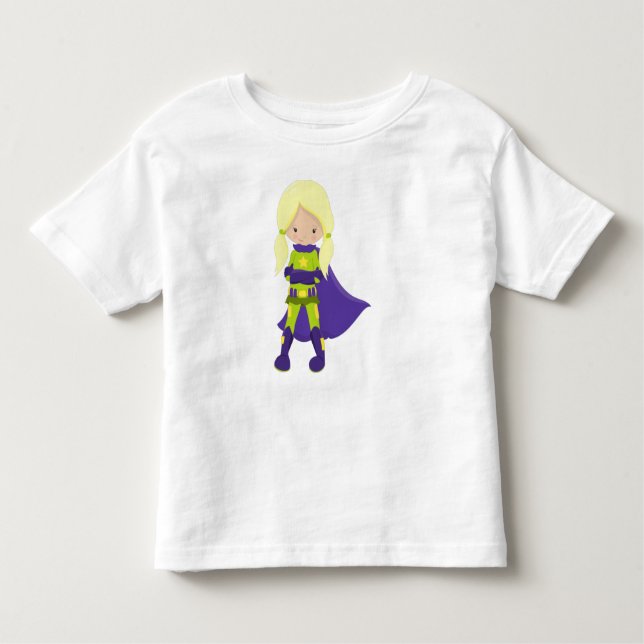 Camiseta Infantil Garota Super-Herói, Cabelo Loiro, Heroína, Cape Pu (Frente)