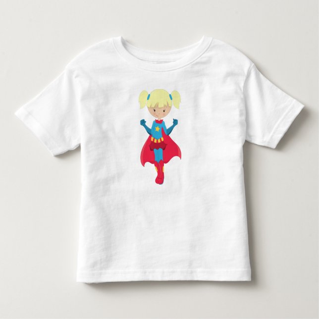 Camiseta Infantil Garota Super-Herói, Garota Bonita, Cabelo Loiro, C (Frente)