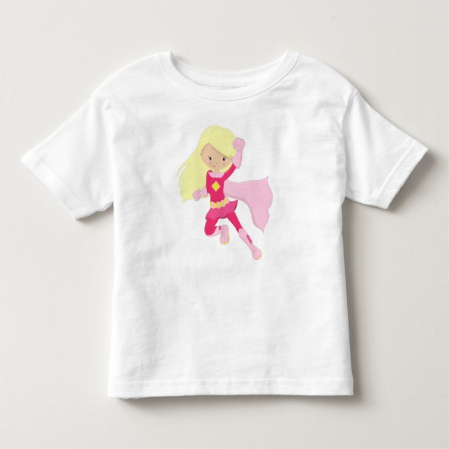 Camiseta Infantil Garota Super-Herói, Garota Bonita, Cabelo Loiro, C (Frente)