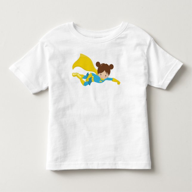 Camiseta Infantil Garota Super-Herói, Garota Fofa, Cabelo Castanho,  (Frente)