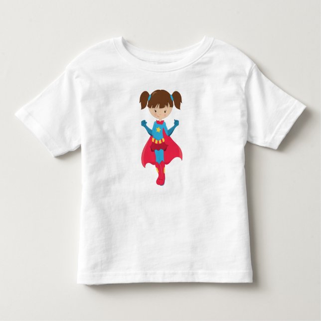 Camiseta Infantil Garota Super-Herói, Garota Fofa, Cabelo Castanho,  (Frente)