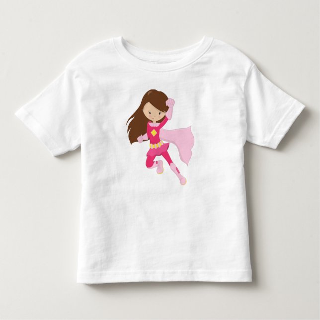 Camiseta Infantil Garota Super-Herói, Garota Fofa, Cabelo Castanho,  (Frente)