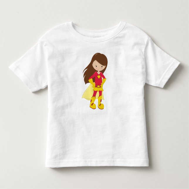 Camiseta Infantil Garota Super-Herói, Garota Fofa, Cabelo Castanho,  (Frente)