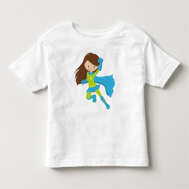 Camiseta Infantil Garota Super-Herói, Garota Fofa, Cabelo Castanho,  (Frente)