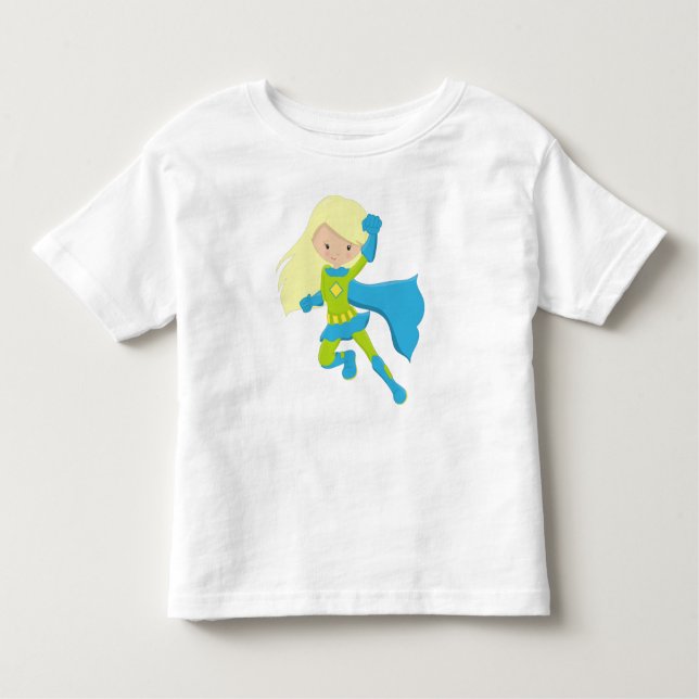 Camiseta Infantil Garota Super-Herói, Garota Fofa, Cabelo Loiro, Cap (Frente)
