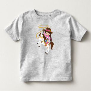 Camiseta Infantil Garota, Xerife, Cavalo, Laço, Cabelo Castanho