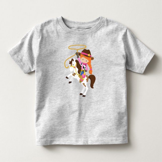 Camiseta Infantil Garota, Xerife, Cavalo, Laço, Cabelo Laranja (Frente)
