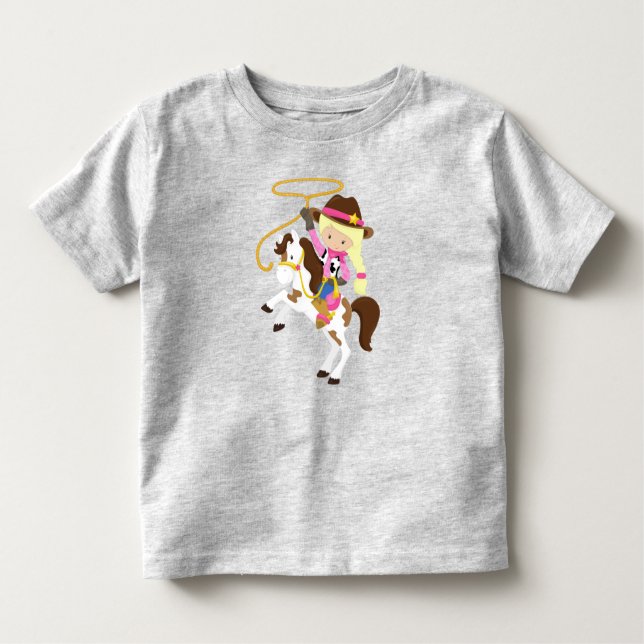 Camiseta Infantil Garota, Xerife, Cavalo, Laço, Cabelo Louro (Frente)
