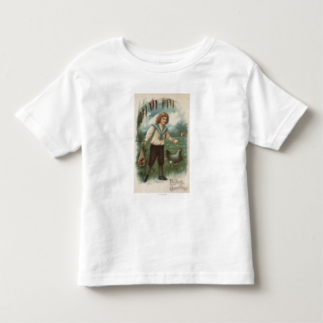 Camiseta Infantil Garoto com cesta de ovo de Páscoa segurando ovos (Frente)