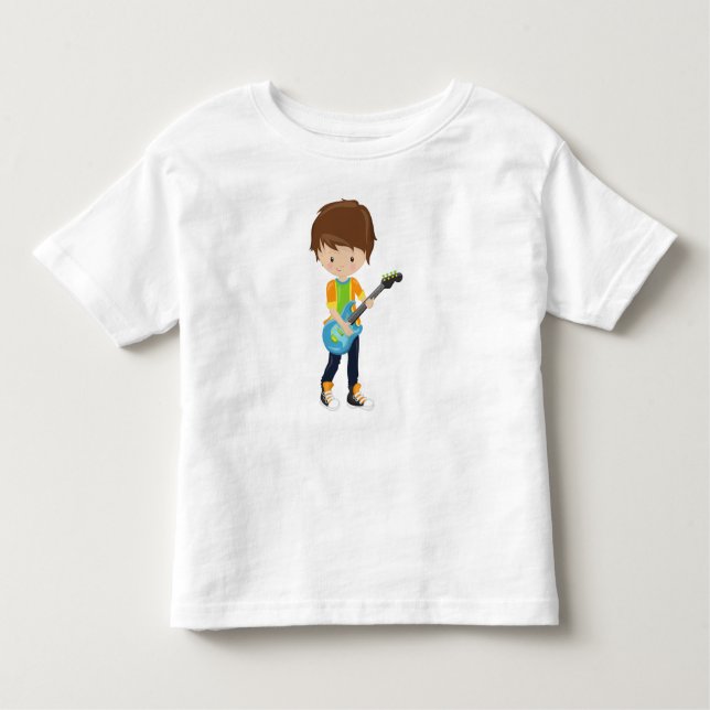 Camiseta Infantil Garoto de Rock, Cabelo Castanho, Tocador de Guitar (Frente)