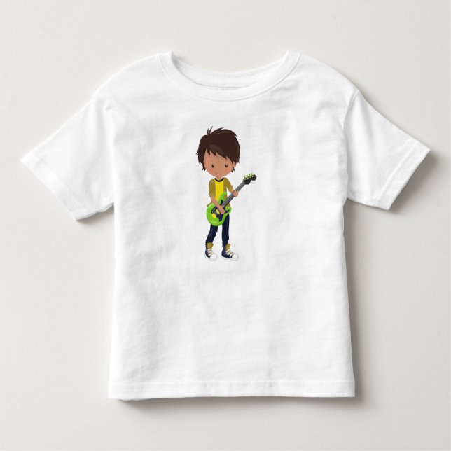 Camiseta Infantil Garoto de Rock, Garoto Latino, Tocador de Guitarra (Frente)
