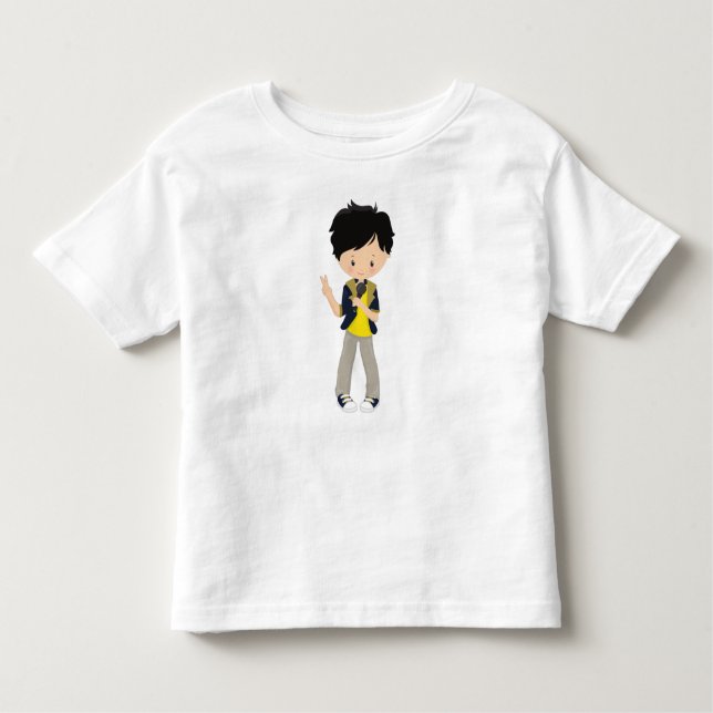 Camiseta Infantil Garoto do Rock, Cabelo Preto, Microfone, Cantor da (Frente)