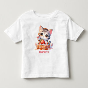 Camiseta Infantil Gatinho Fofo Rosa Pastel com Waffles de Sobremesa