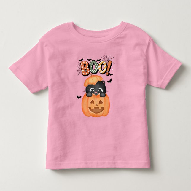 Camiseta Infantil Gatinho preto bonito pronto para Boo Halloween (Frente)