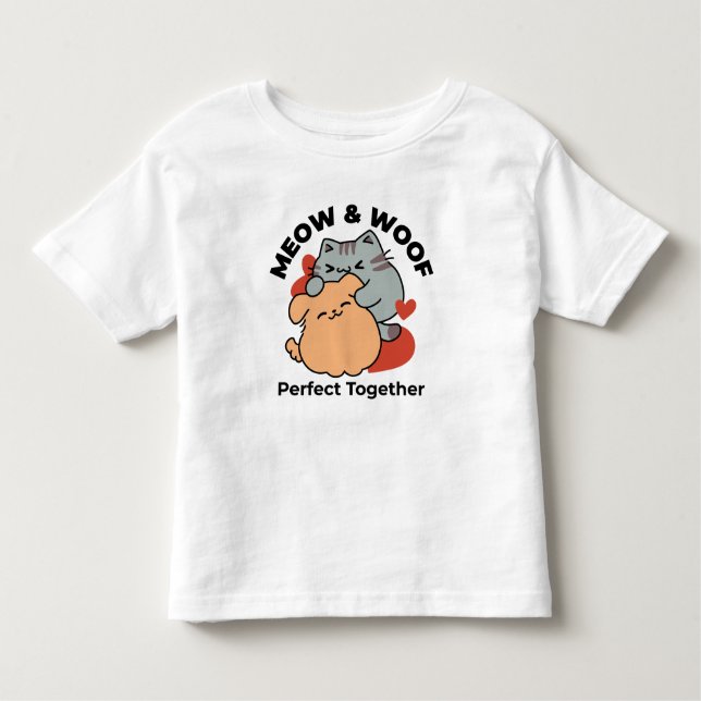 Camiseta Infantil Gato Adorável e Cachorro Abraço - Meow & Woof Desi (Frente)