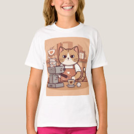 Camiseta Infantil Gato Barista Cartoon Engraçado F