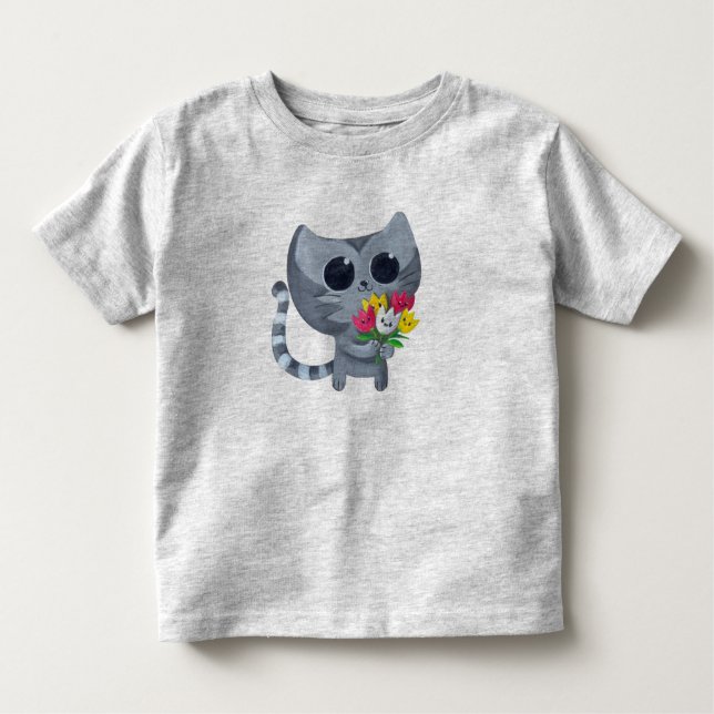 Camiseta Infantil Gato bonito e flores do gatinho (Frente)