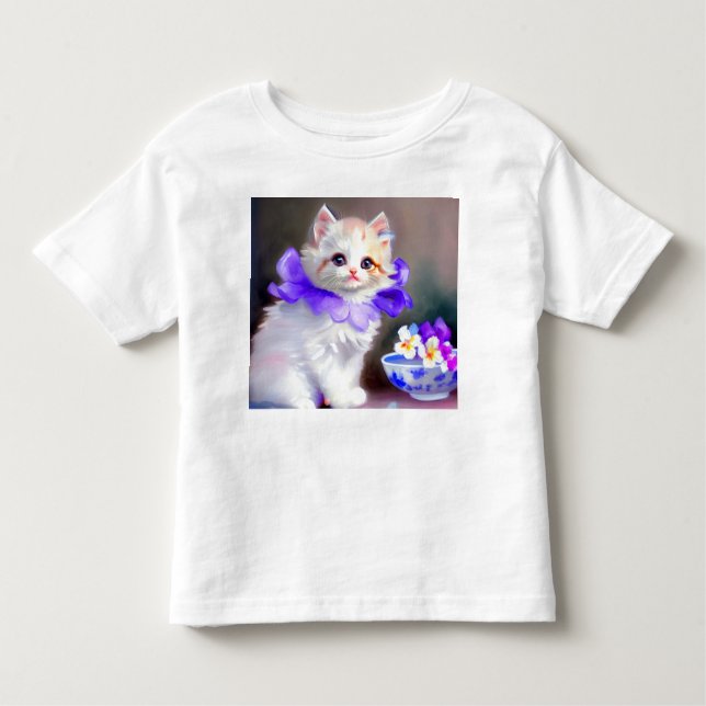 Camiseta Infantil Gato branco com pintura de colarinho de flores rox (Frente)