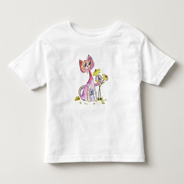 Camiseta Infantil Gato Cinzento Branco Cinto com Flores Amarelas (Frente)