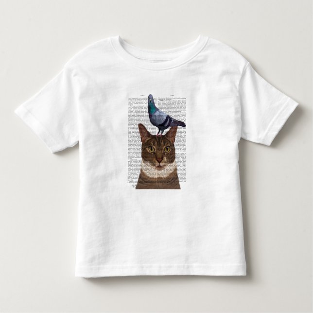 Camiseta Infantil Gato com Pombo na Cabeça (Frente)