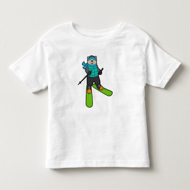 Camiseta Infantil Gato como esquiador com esqui (Frente)