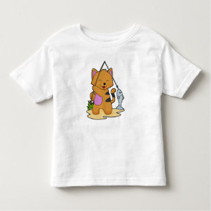 Camiseta Infantil Gato como pescador com cana de pesca e peixe