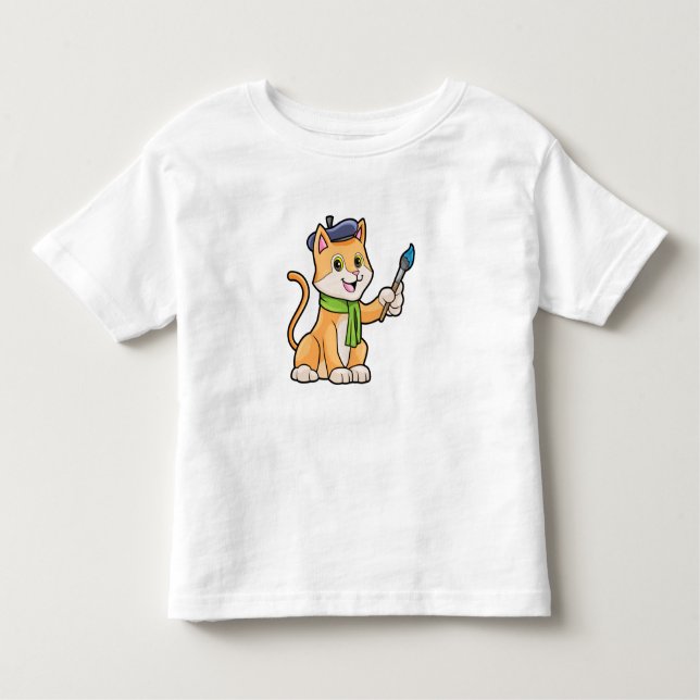 Camiseta Infantil Gato como Pintor com Pincel e Escarpo (Frente)
