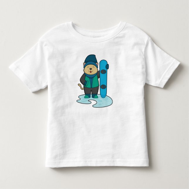 Camiseta Infantil Gato como Snowboarder com Snowboard (Frente)