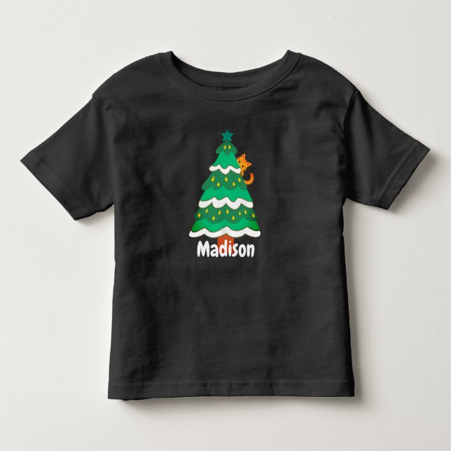 Camiseta Infantil Gato de Árvore de Natal Engraçado Personalizado (Frente)