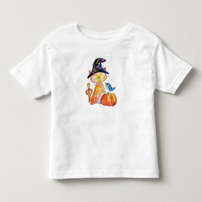 Camiseta Infantil Gato de Bruxa Branca com Pumpkin (Frente)