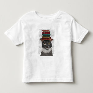 Camiseta Infantil Gato de Cinza com Livros na Cabeça