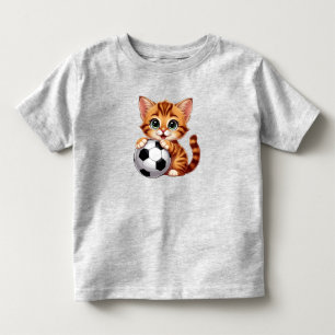 Camiseta Infantil Gato de Desenho Animado Fofo Segurando Bola de Fut