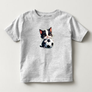 Camiseta Infantil Gato de Desenho Animado Fofo Segurando Bola de Fut
