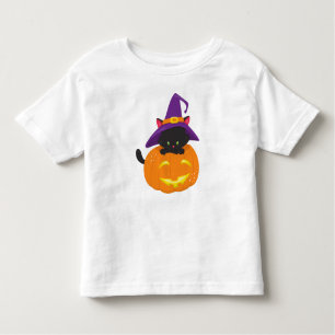 Camiseta Infantil Gato de Halloween, Gato Negro, Chapéu de Bruxa, Ab