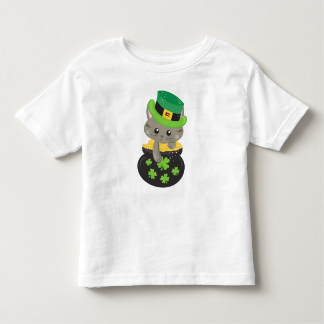 Camiseta Infantil Gato do Dia de São Patrick, Clovers, Pote de Doura (Frente)