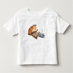 Camiseta Infantil Gato e Rato Tocando Cartoon de Xadrez Engraçando E