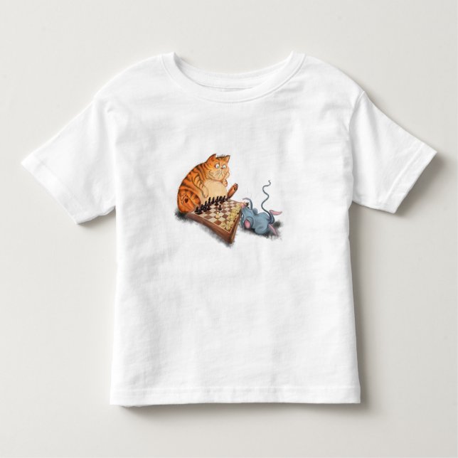 Camiseta Infantil Gato e Rato Tocando Cartoon de Xadrez Engraçando E (Frente)