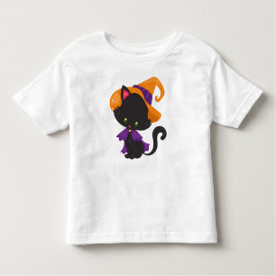 Camiseta Infantil Gato Halloween, Gato Bonito, Gato Negro, Chapéu de