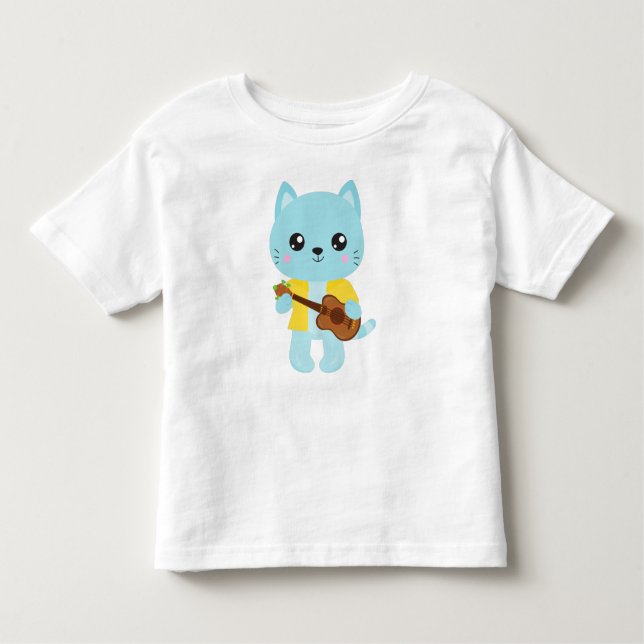 Camiseta Infantil Gato Havaí, Gato Gato Gato, Gato Azul, Violão, Lua (Frente)