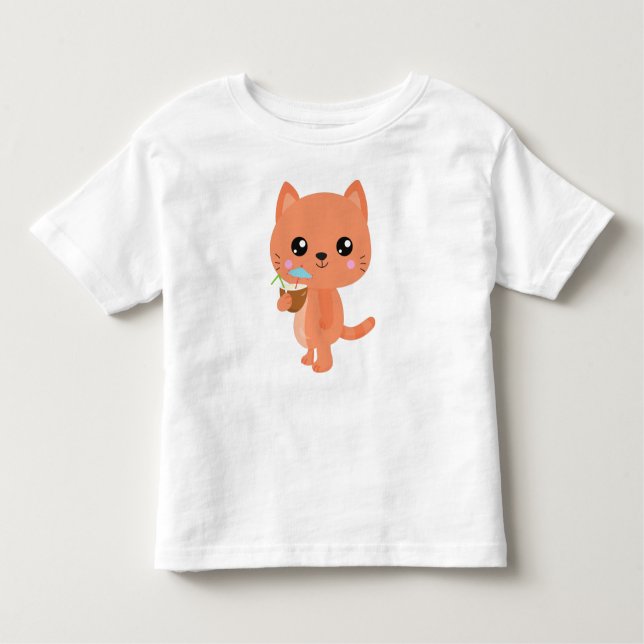 Camiseta Infantil Gato Havaí, Gato Gato Gato, Gato Laranja, Coquetel (Frente)